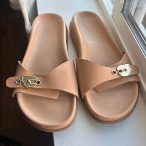 Ancient Greek Sandals Tan Slide Sandals with Gold Buckle
